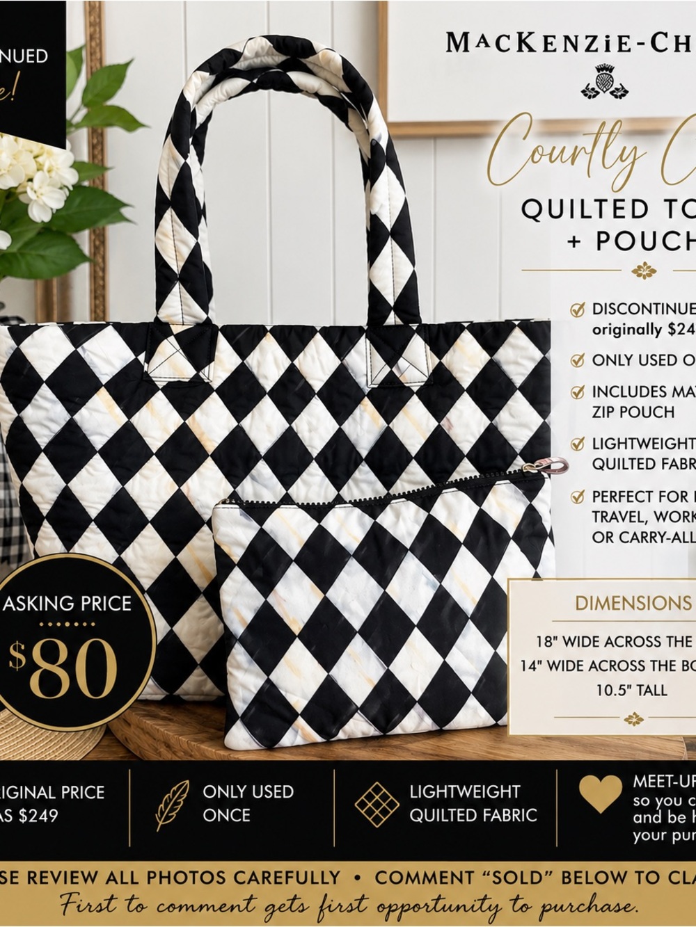 MacKenzie-Childs Black and White Harlequin Quilted Tote with Matching Pouch